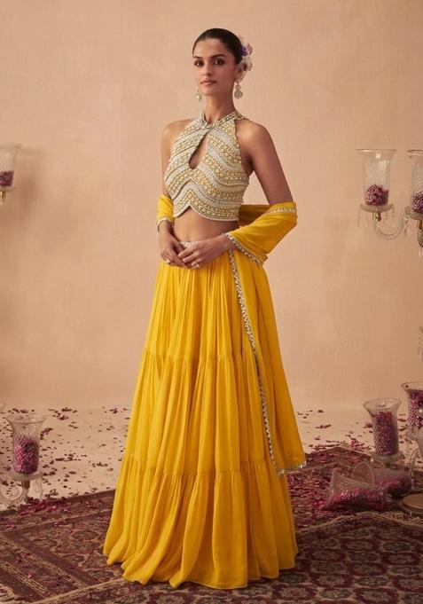 Yellow Handwork Goergette Lehenga Set