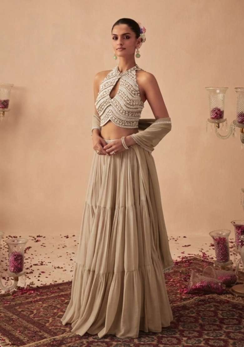 Beige Handwork Goergette Lehenga Set - Indya