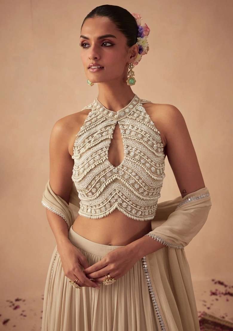 Beige Handwork Goergette Lehenga Set - Indya