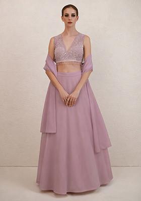 Dusty Pink Hand Work Net Lehenga Set