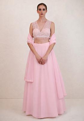 Pink Hand Work Net Lehenga Set