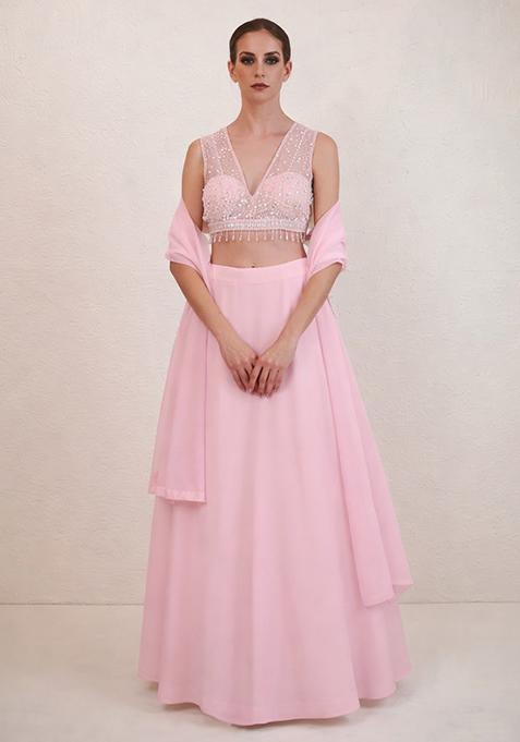 Pink Hand Work Net Lehenga Set