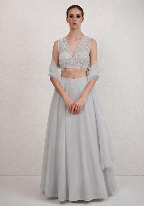 White Hand Work Net Lehenga Set