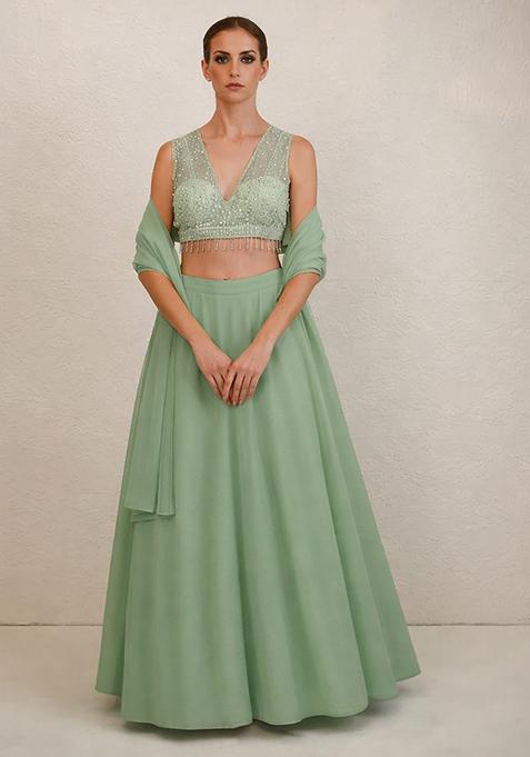 Mist Green Hand Work Net Lehenga Set