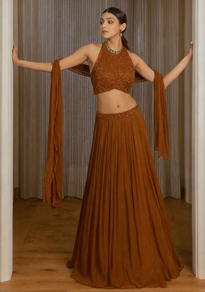Brown Georgette Lehenga Set with Handwork for Diwali | Wedding & Festive Wear - Indya