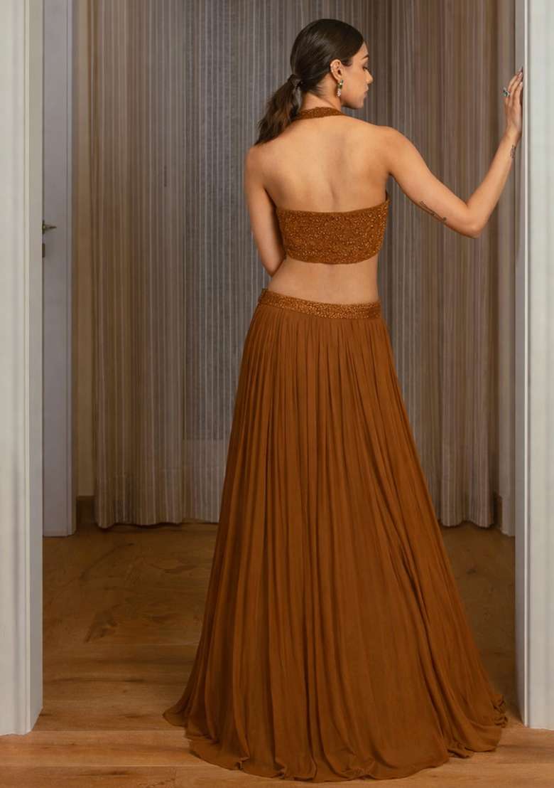 Brown Georgette Lehenga Set with Handwork for Diwali | Wedding & Festive Wear - Indya