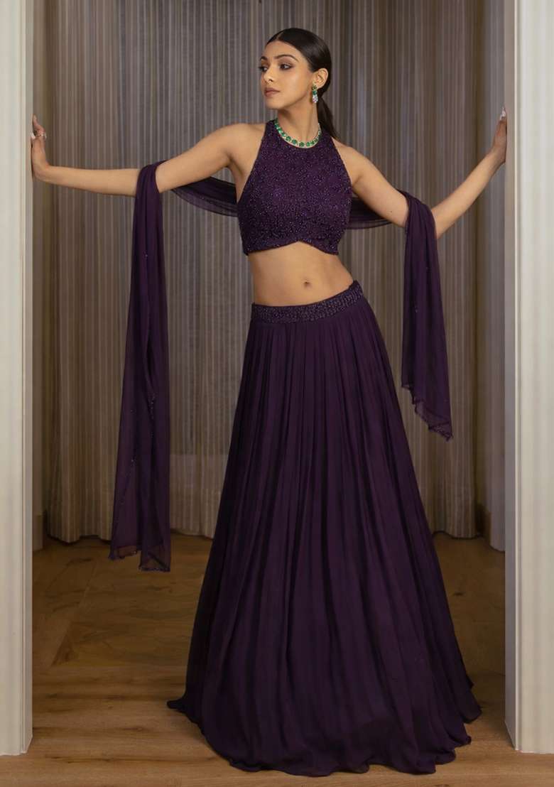 Purple Georgette Lehenga Set with Handwork for Diwali | Wedding & Festive Wear - Indya
