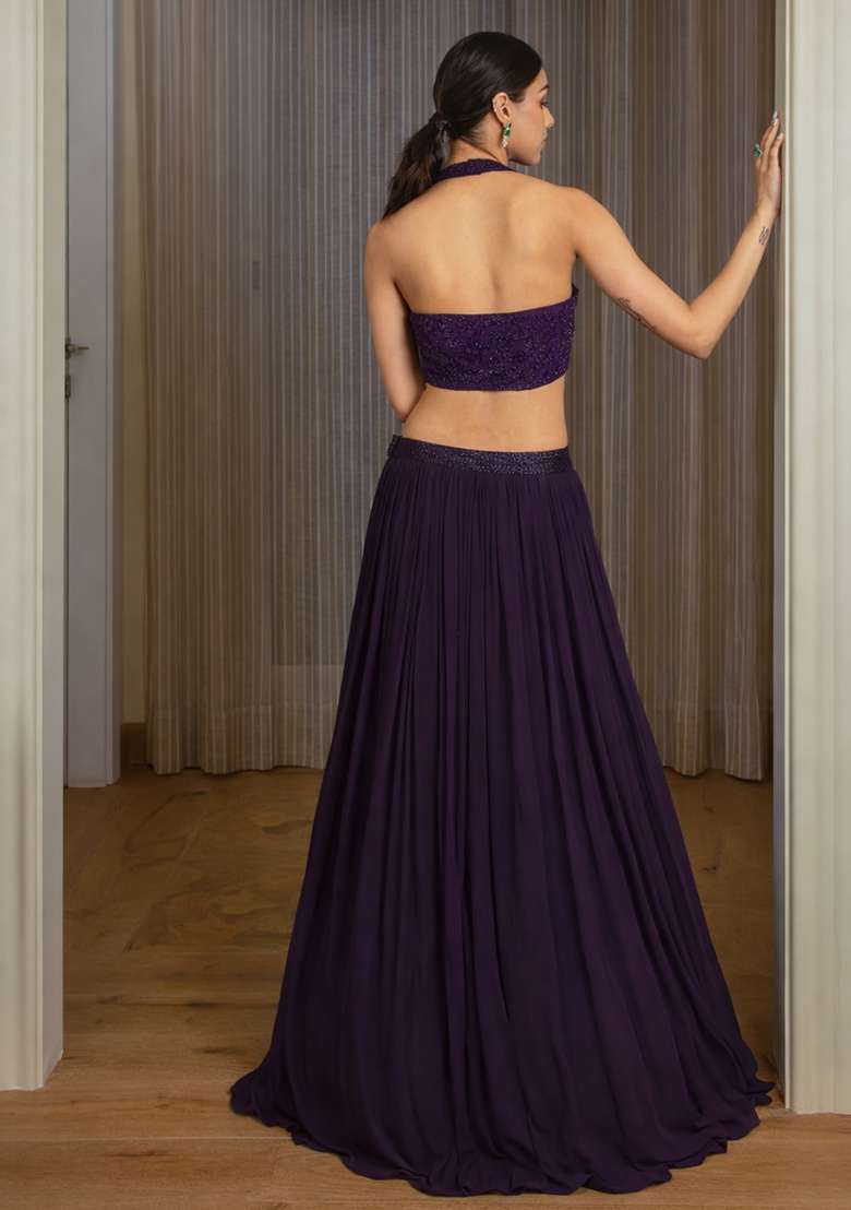 Purple Georgette Lehenga Set with Handwork for Diwali | Wedding & Festive Wear - Indya