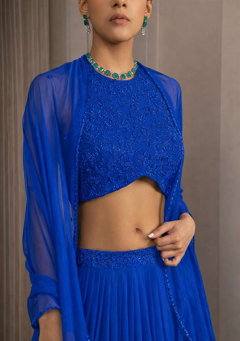 Royal Blue Georgette Lehenga Set with Handwork for Diwali | Wedding & Festive Wear - Indya