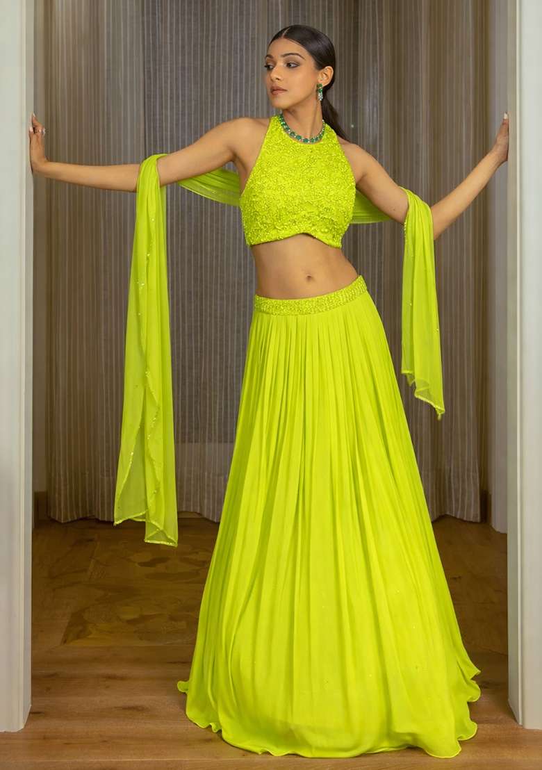 Lime Green Handwork Georgette Lehenga Set for Diwali and Festive Wear - Indya