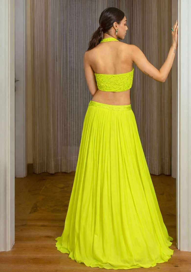 Lime Green Handwork Georgette Lehenga Set for Diwali and Festive Wear - Indya