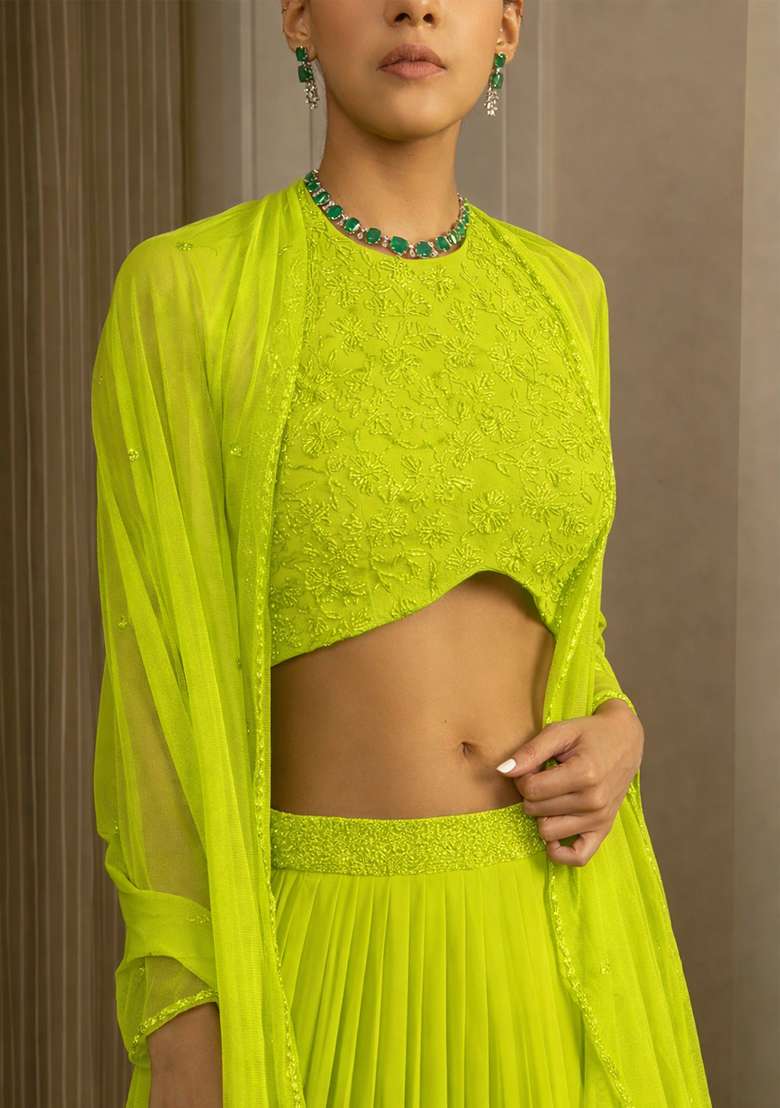 Lime Green Handwork Georgette Lehenga Set for Diwali and Festive Wear - Indya