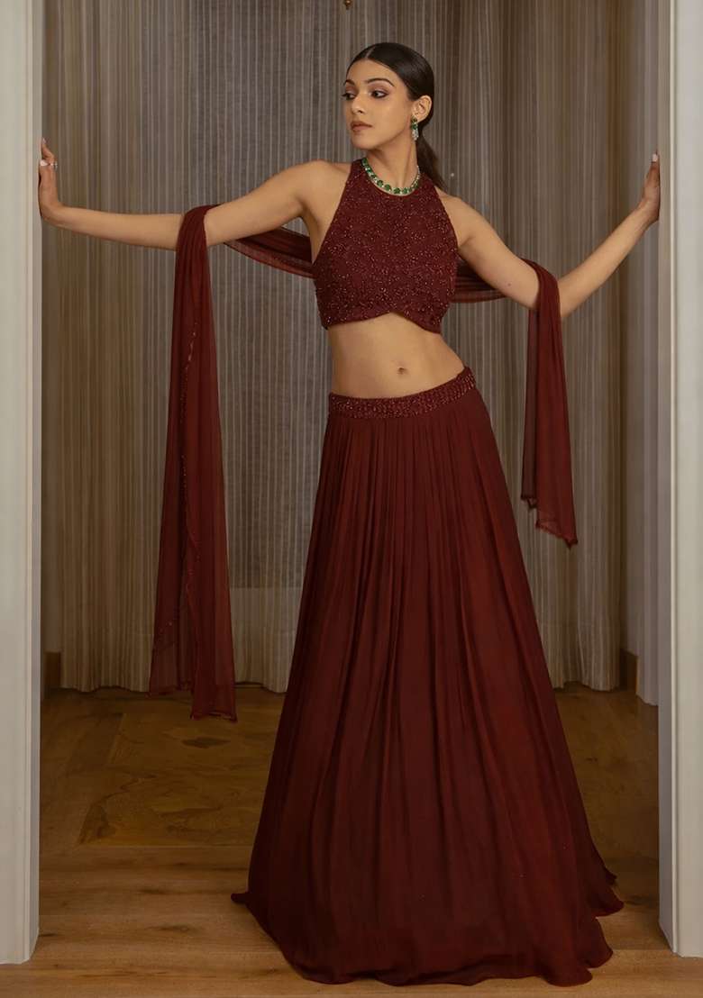 Brown Handwork Georgette Lehenga Set for Diwali and Festive Wear - Indya