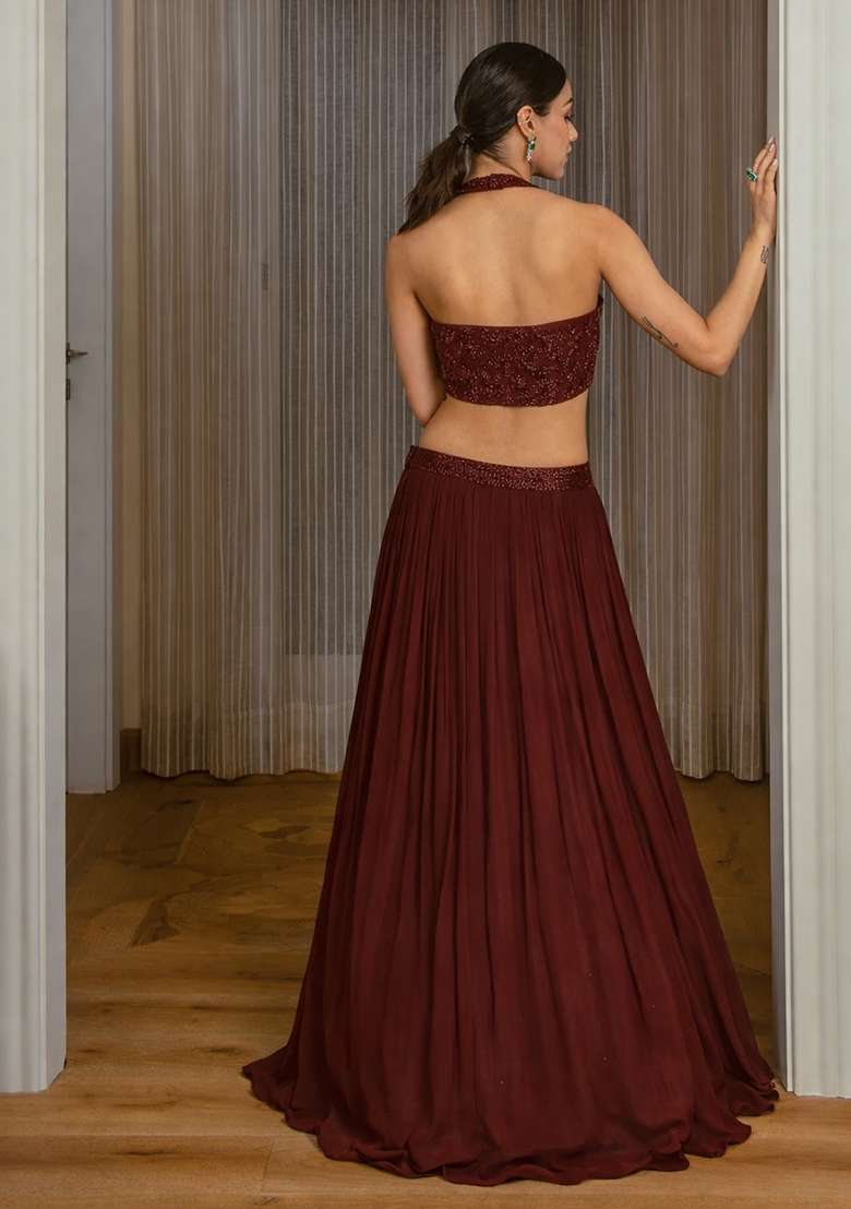 Brown Handwork Georgette Lehenga Set for Diwali and Festive Wear - Indya