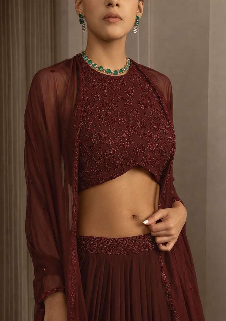 Brown Handwork Georgette Lehenga Set for Diwali and Festive Wear - Indya