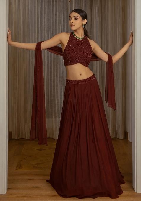 Brown Handwork Goergette Lehenga Set