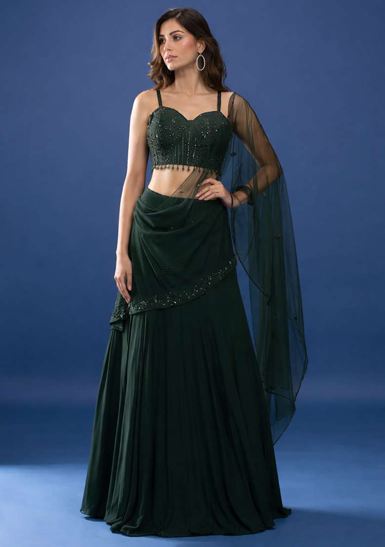 Dark Green Handwork Crepe Lehenga Set - Indya