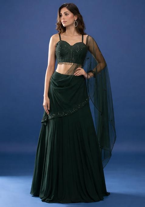Dark Green Handwork Crepe Lehenga Set
