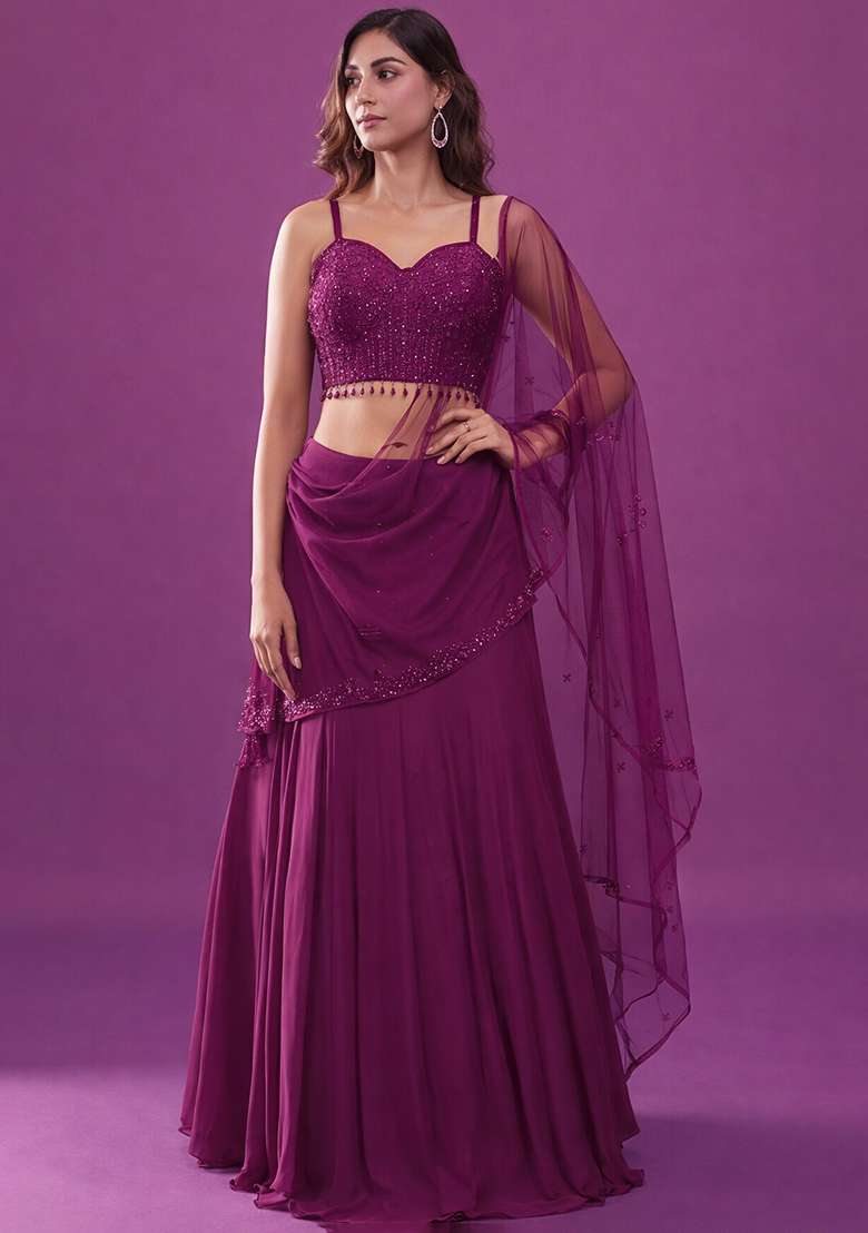 Rani Pink Handwork Crepe Lehenga Set - Indya