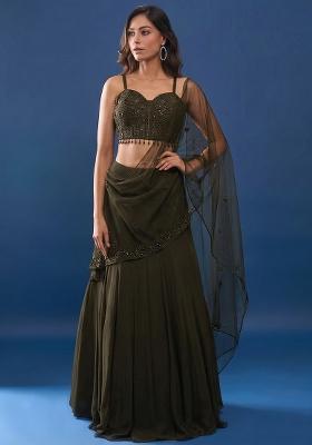 Deep Olive Green Handwork Crepe Lehenga Set