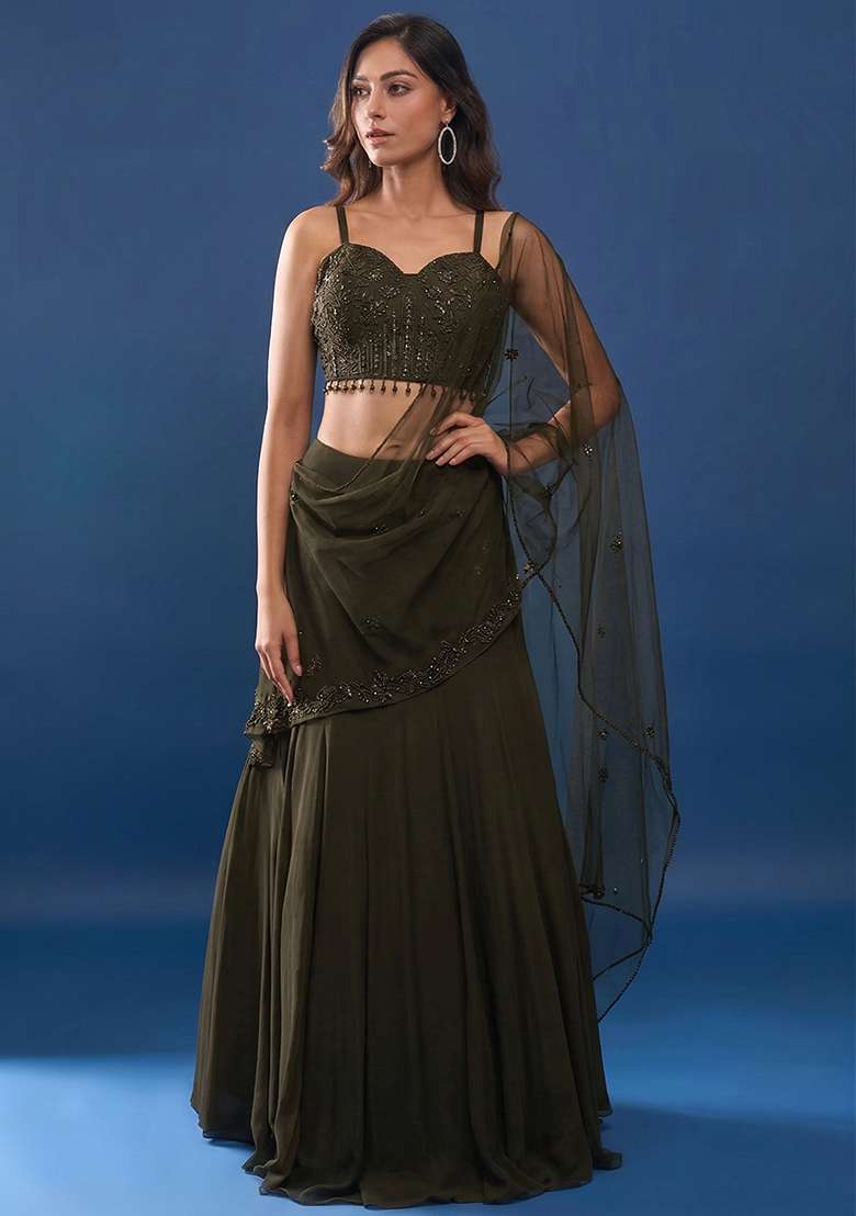 Deep Olive Green Handwork Crepe Lehenga Set - Indya