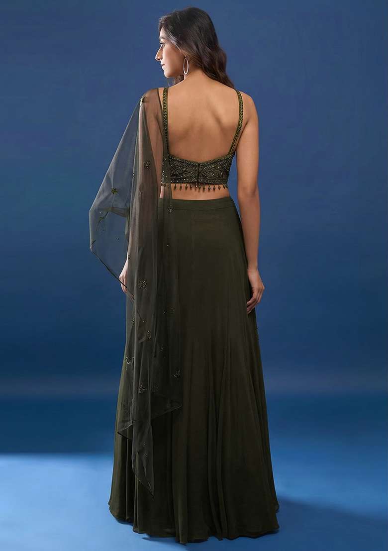Deep Olive Green Handwork Crepe Lehenga Set - Indya