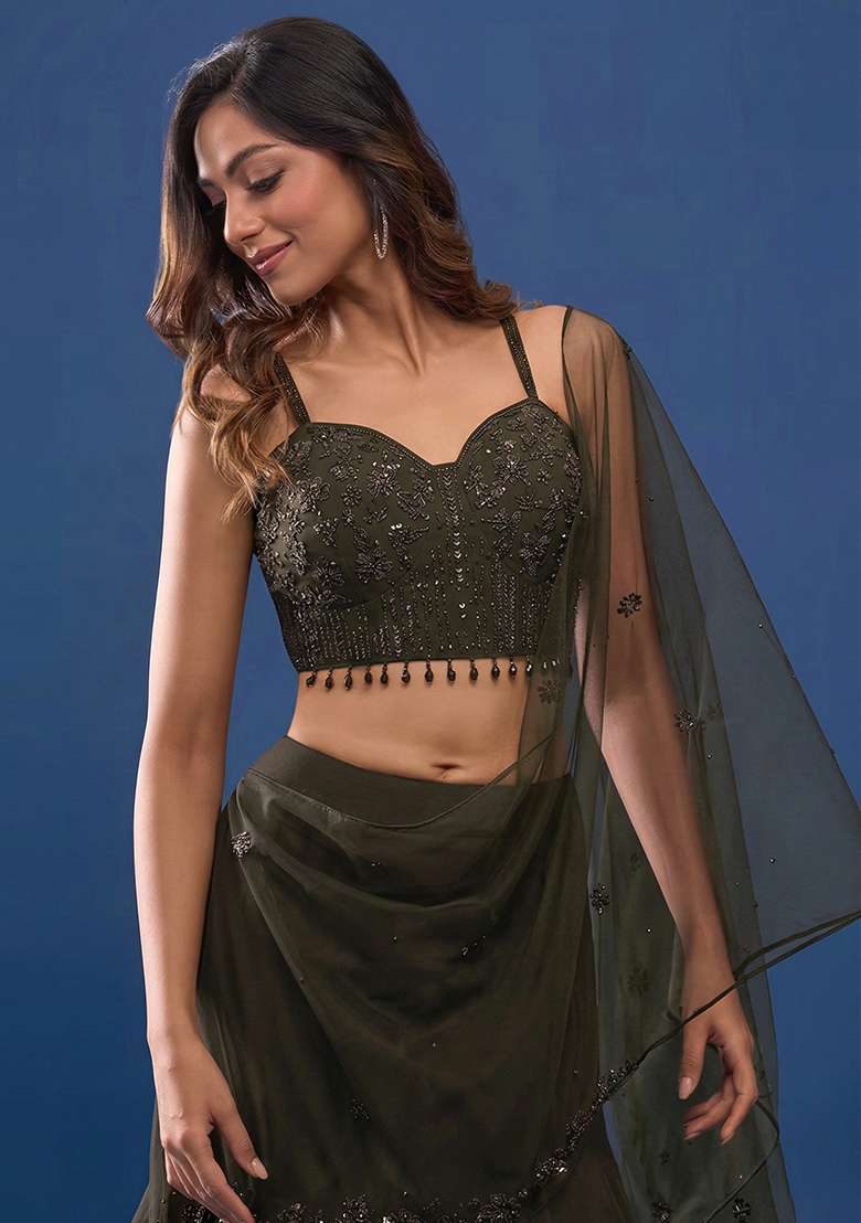 Deep Olive Green Handwork Crepe Lehenga Set - Indya