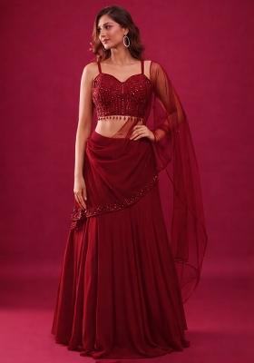 Red Handwork Crepe Lehenga Set
