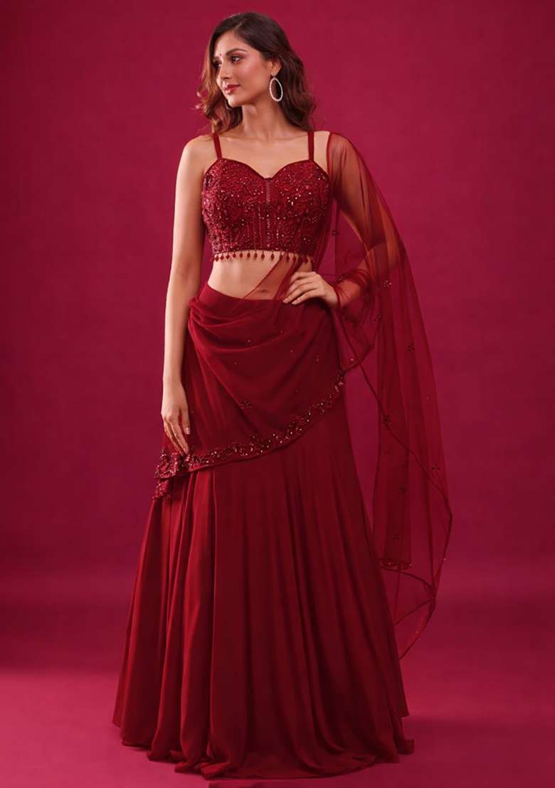 Red Handwork Crepe Lehenga Set - Indya