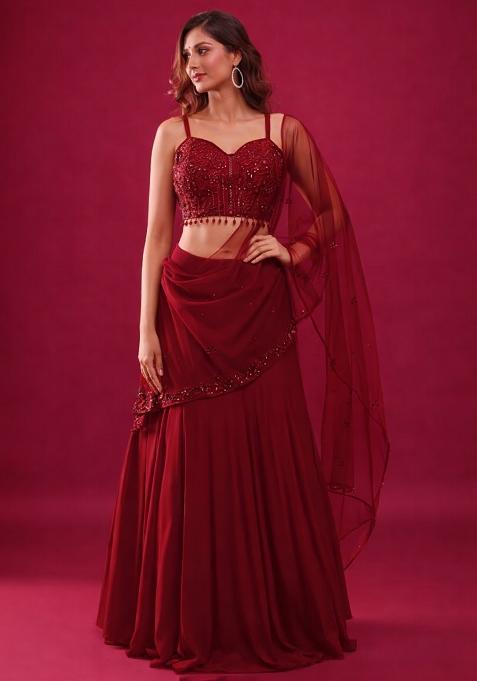 Red Handwork Crepe Lehenga Set