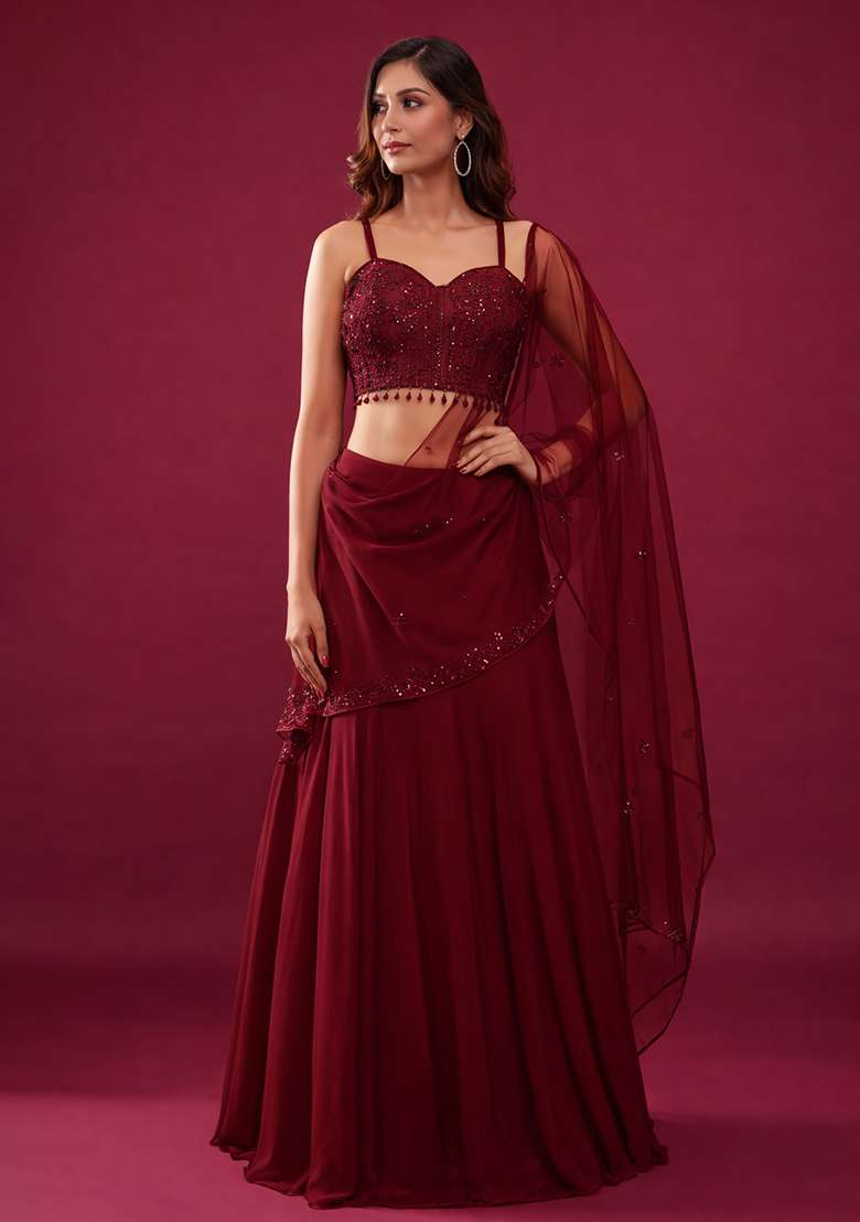 Deep Red Handwork Crepe Lehenga Set - Indya