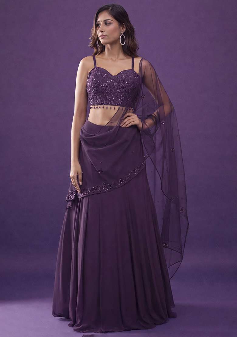 Purple Handwork Crepe Lehenga Set - Indya
