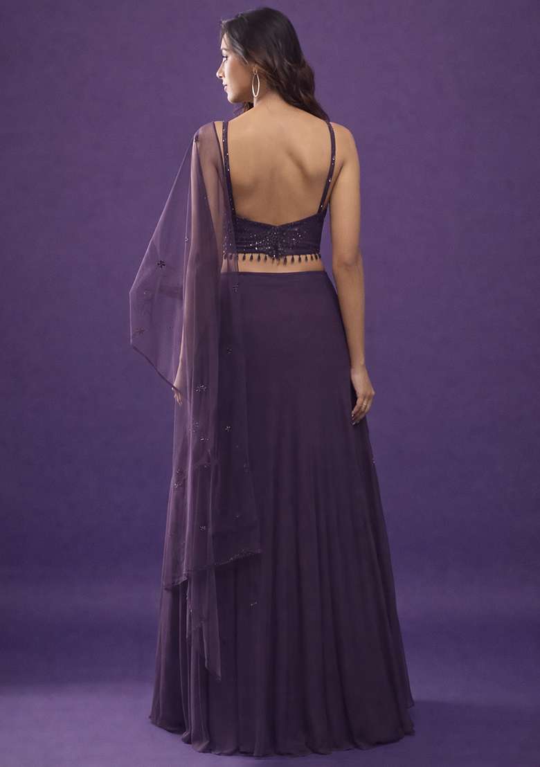 Purple Handwork Crepe Lehenga Set - Indya