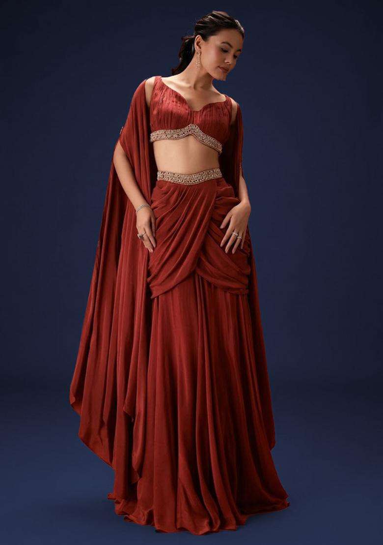 Rust Red Hand Work Crepe Fusion Set - Indya