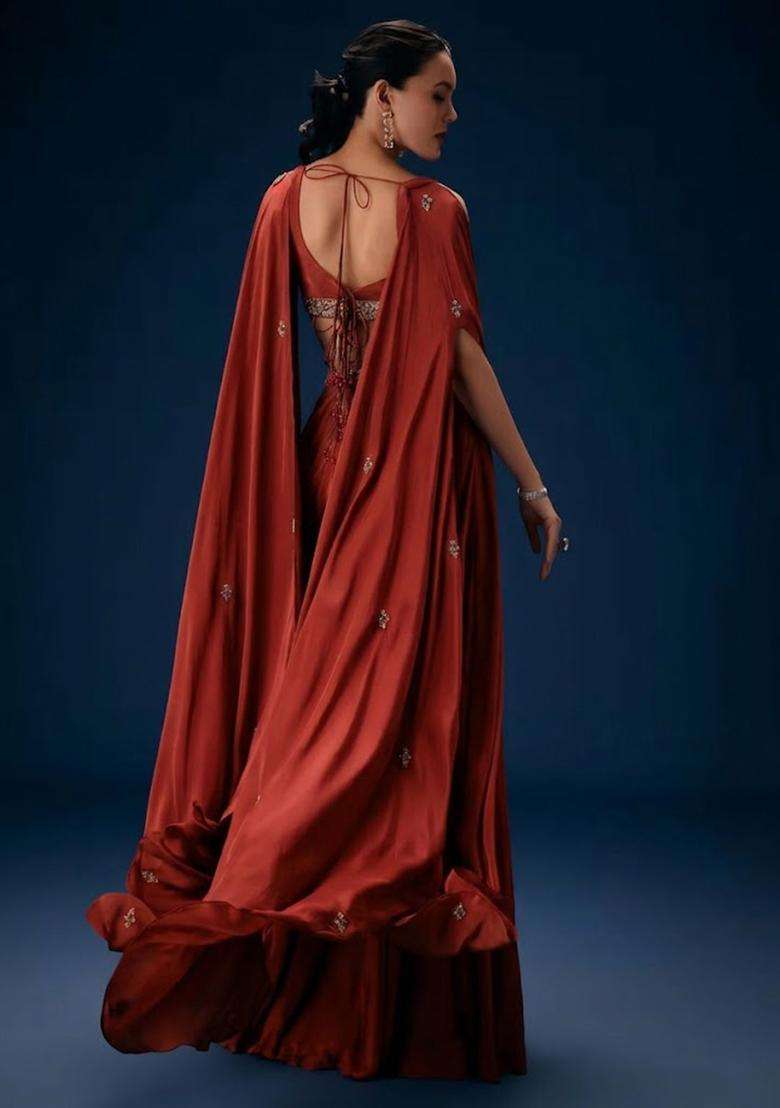 Rust Red Hand Work Crepe Fusion Set - Indya
