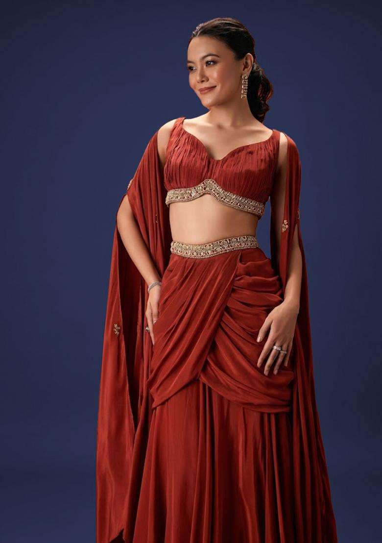 Rust Red Hand Work Crepe Fusion Set - Indya