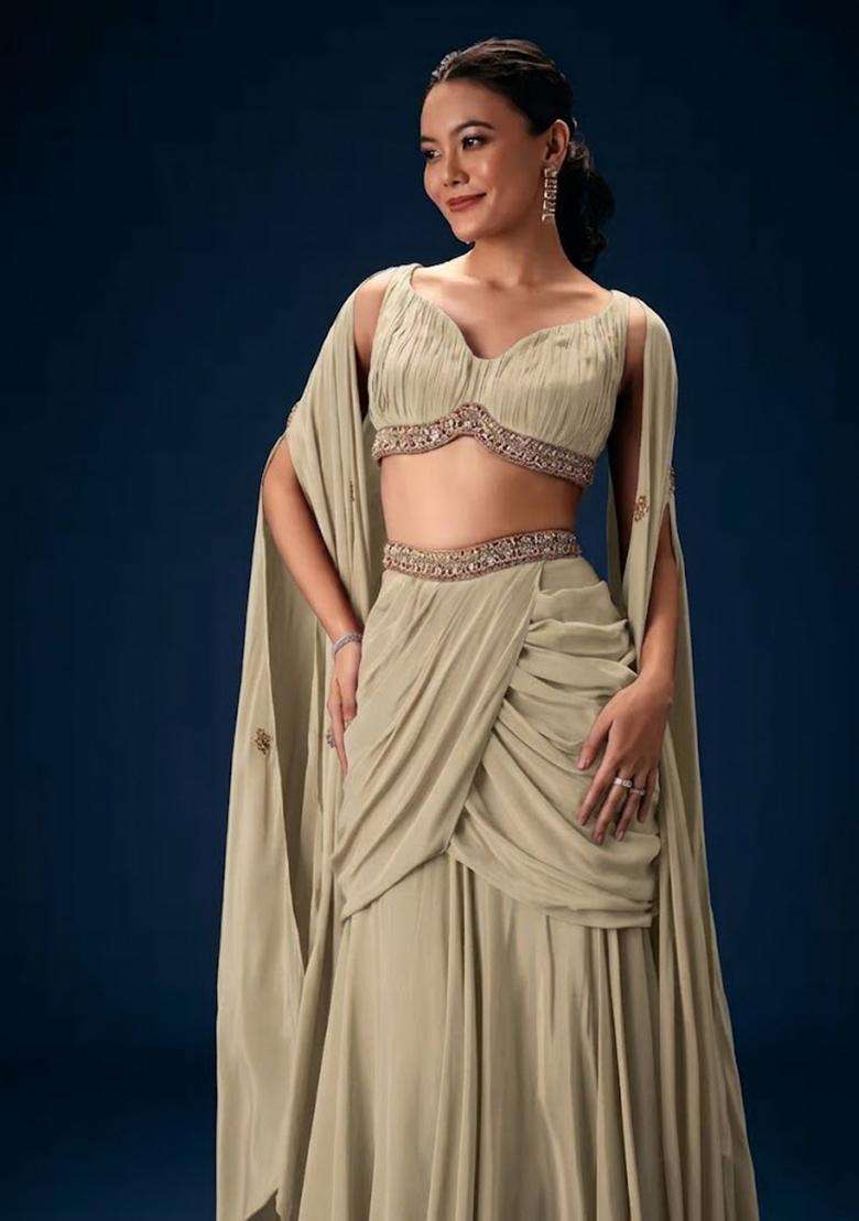 Beige Hand Work Crepe Fusion Set - Indya