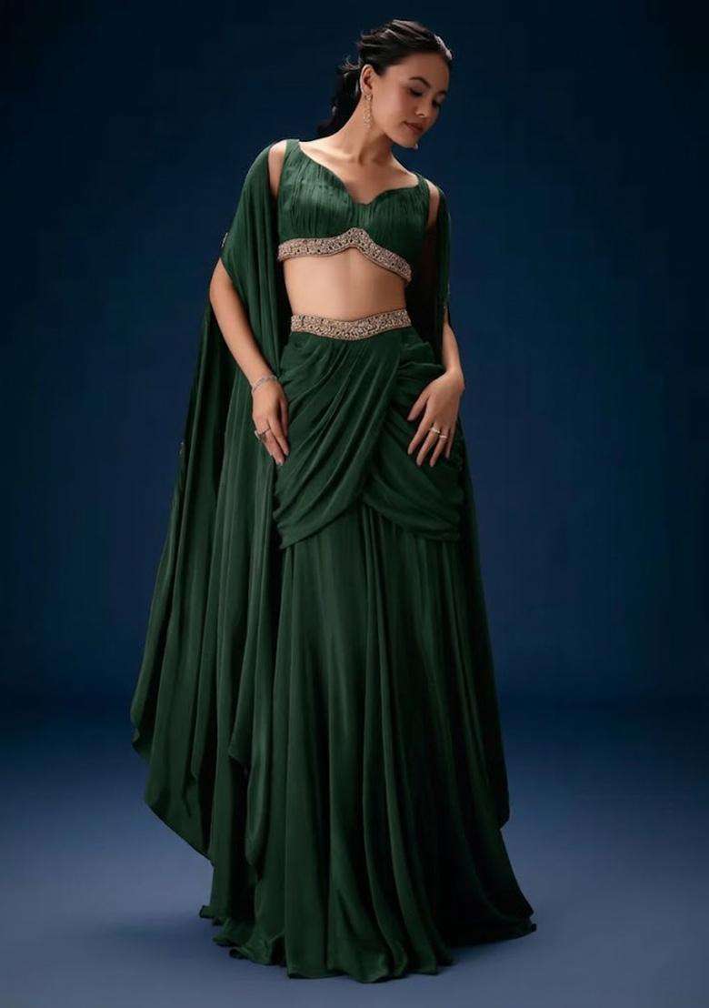Deep Forest Green Hand Work Crepe Fusion Set - Indya