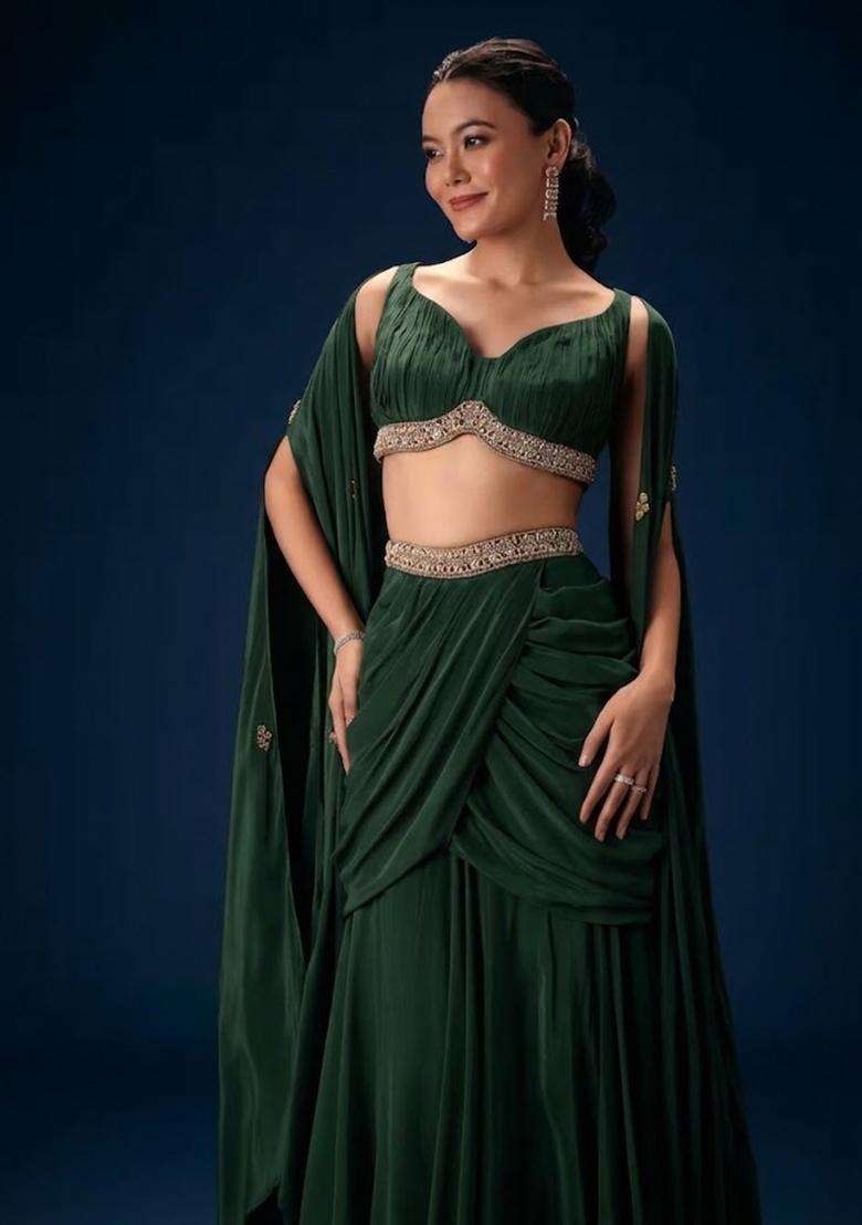 Deep Forest Green Hand Work Crepe Fusion Set - Indya