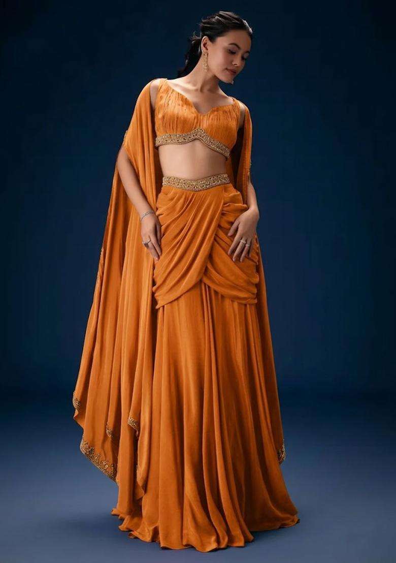 Orange Hand Work Crepe Fusion Set - Indya