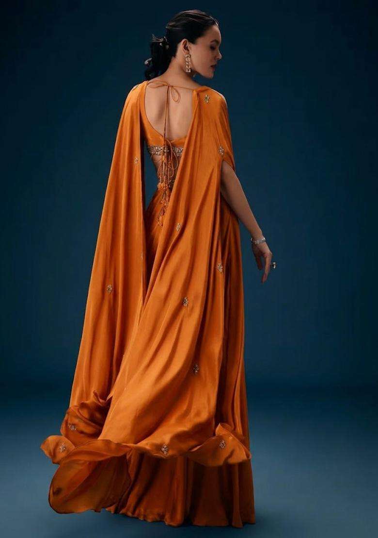 Orange Hand Work Crepe Fusion Set - Indya