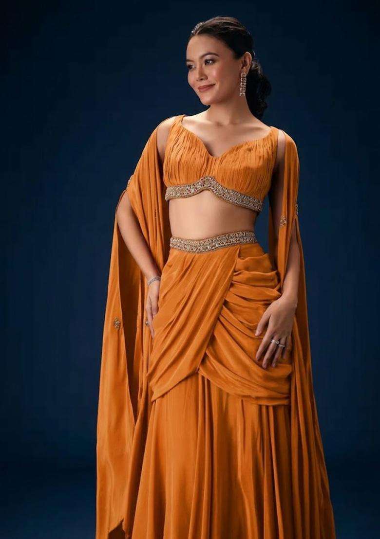 Orange Hand Work Crepe Fusion Set - Indya