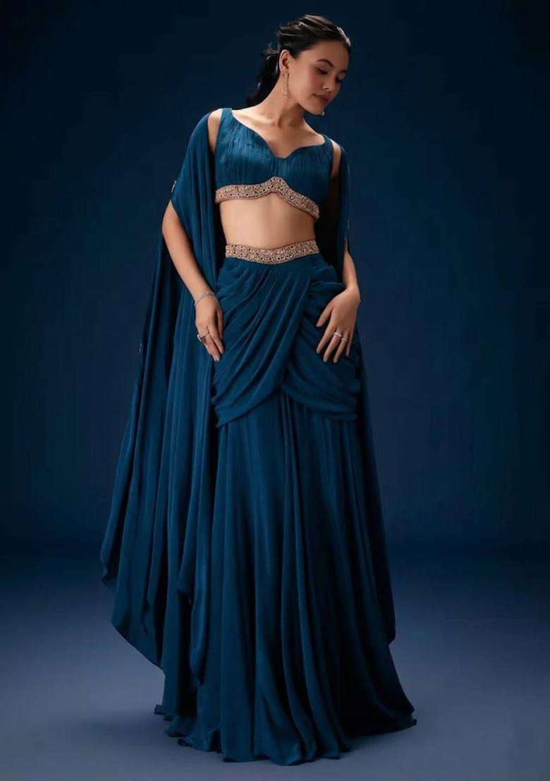 Deep Teal Blue Hand Work Crepe Fusion Set - Indya