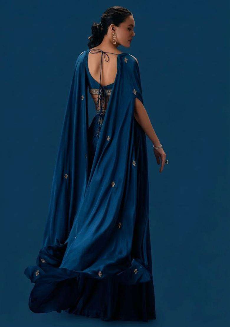 Deep Teal Blue Hand Work Crepe Fusion Set - Indya