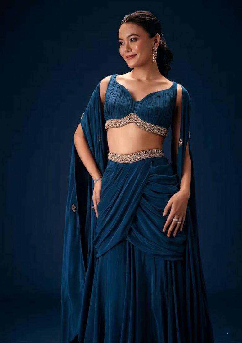 Deep Teal Blue Hand Work Crepe Fusion Set - Indya