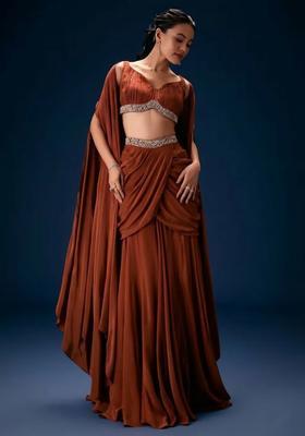 Brown Hand Work Crepe Fusion Set