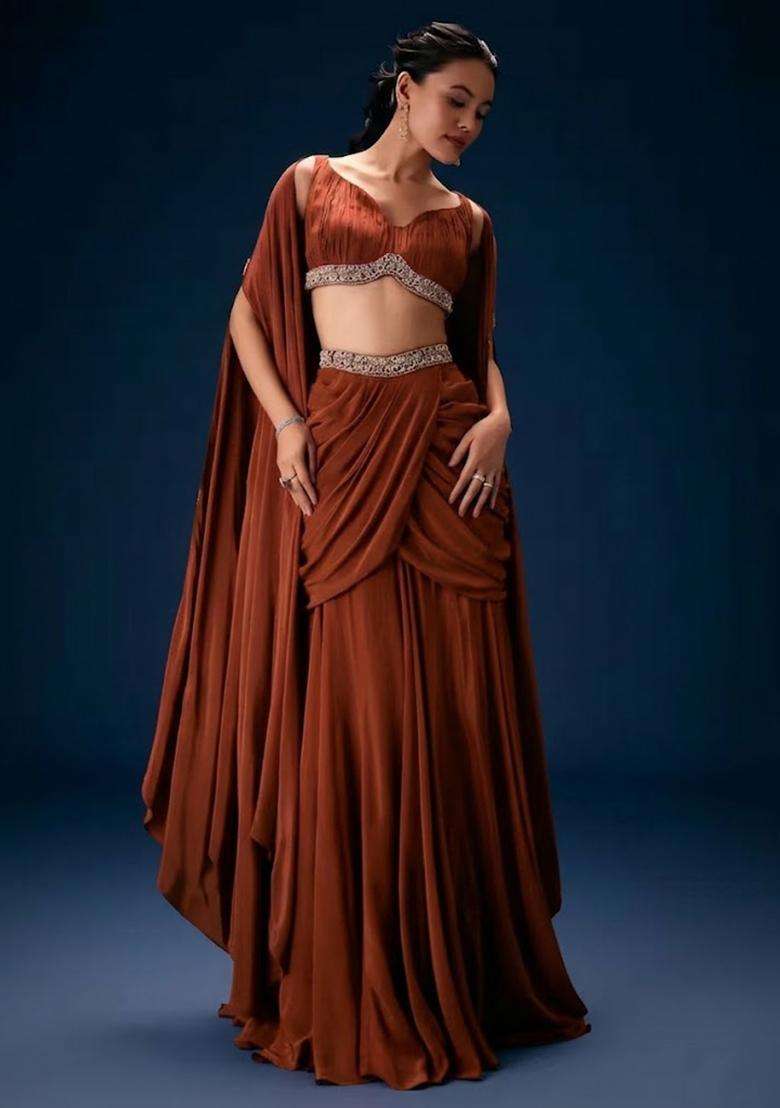 Brown Hand Work Crepe Fusion Set - Indya