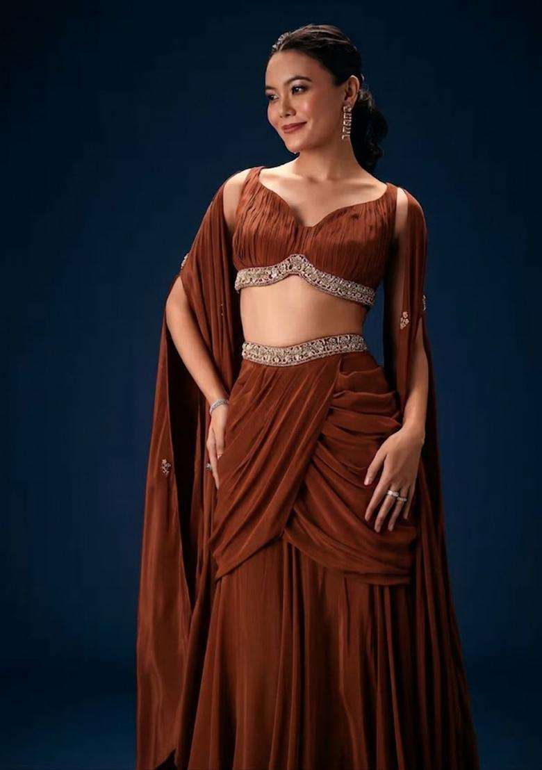 Brown Hand Work Crepe Fusion Set - Indya