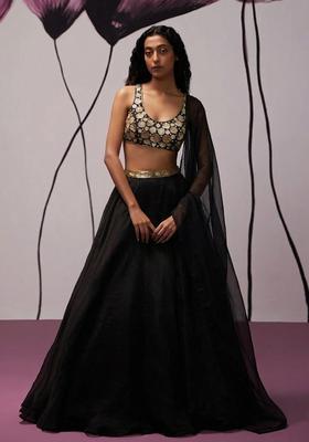 Jet Black Hand Work Organza Lehenga Set