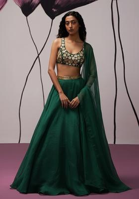 Bottle Green Hand Work Organza Lehenga Set